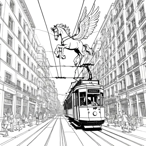 Prompt: tramway in a city with Pegasus flying above