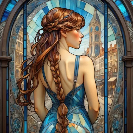 Prompt: Mucha style painting of a freckle-faced size 12 woman seen from behind, with long braided hair, wearing a modern blue strapped dress, seen from behind, looking at futuristic tramway as it passes through a beautiful European city square. Highly detailed, ornate, flowing lines, vintage style, art nouveau style, matte