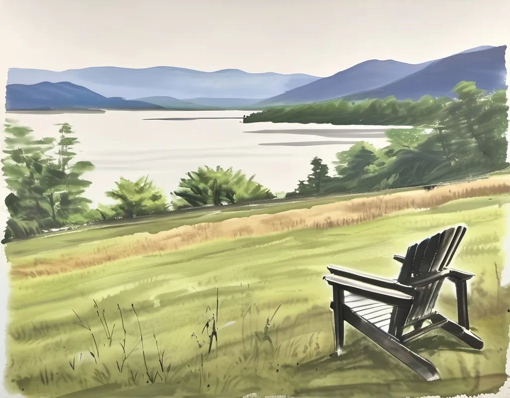 Prompt: Naturalistic painting of the Hudson River with the Catskill Mountains in the background. In the foreground, a lawn with a single Adirondack Chair. 