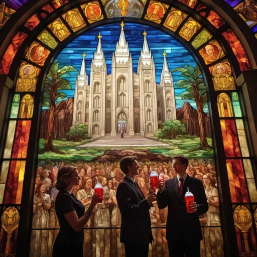 Prompt: People inside a Mormon Temple drinking hugely oversized sodas