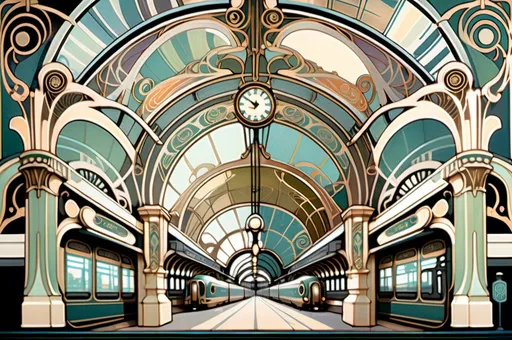Prompt: Mucha style painting of a beautiful modern train station in a French city. Highly detailed, ornate, flowing lines, vintage style, art nouveau style, matte