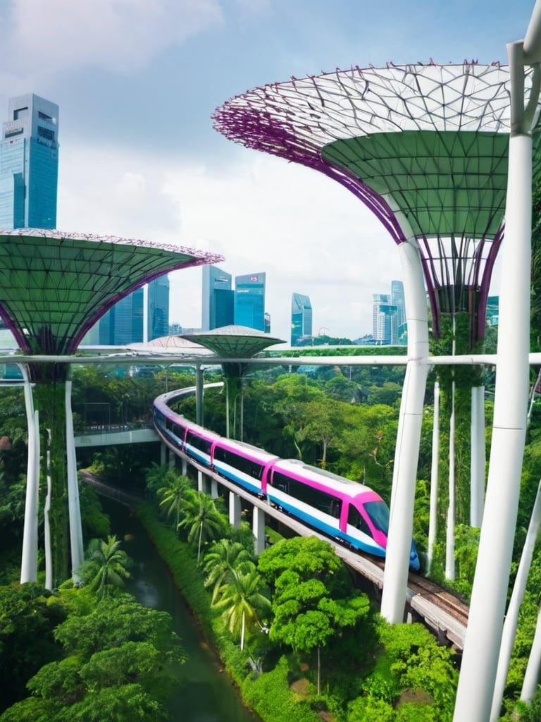 Prompt: Singapore city green landscape with futuristic train station 