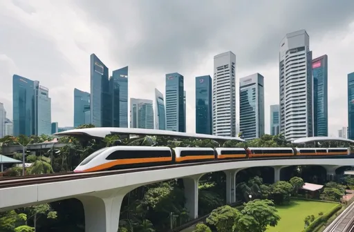 Prompt: Singapore-styled neighbourhood with futuristic train passing through