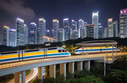Prompt: Singapore-styled futuristic housing estate with a high-speed light rail train passing through