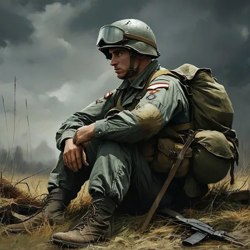 Prompt: Russian soldier sitting in the ground. open dark sky. Thinking about war