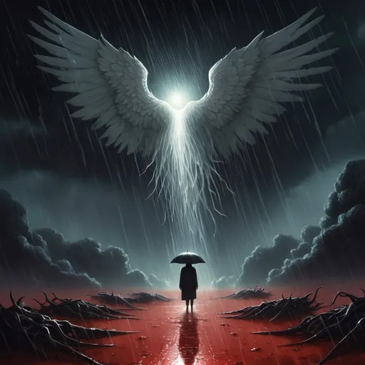 Prompt: cosmic horror where it rains blood and the angels are falling from the sky