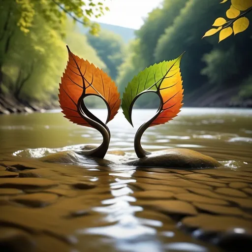 Prompt: Create two love leaves are dancing with its brach a bank of the river