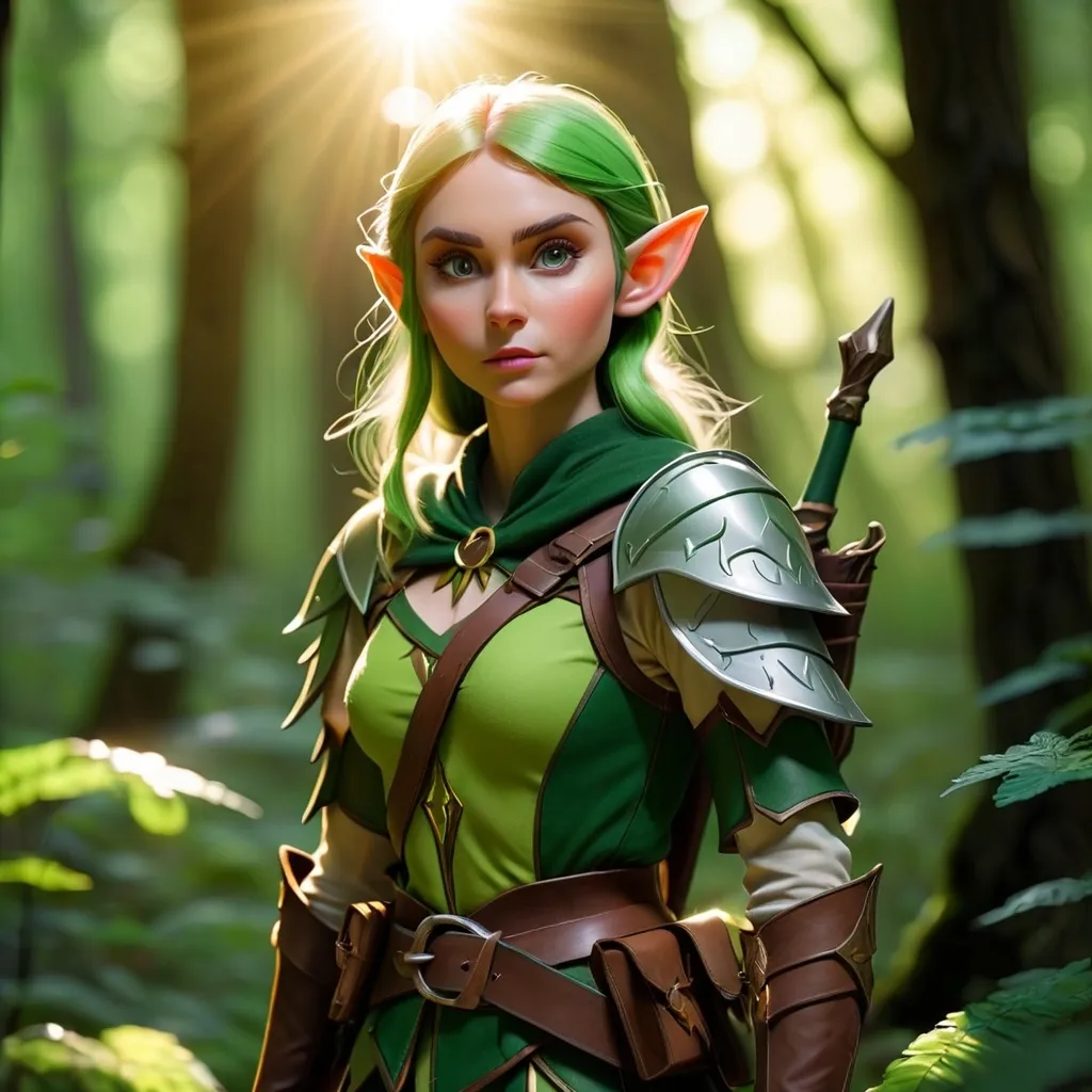 Prompt: Elf ranger in a mystical forest around sunlight