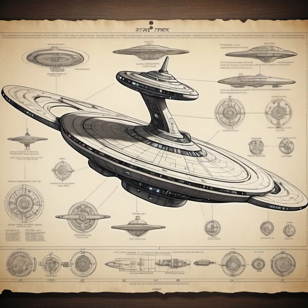 Prompt: A labelled engineering schematic diagram on parchment paper of an enterprise Star Trek ship  center image, pencil drawing, highly detailed, intricate detail, labelled, davinci style, matte painting, 3640x2160p