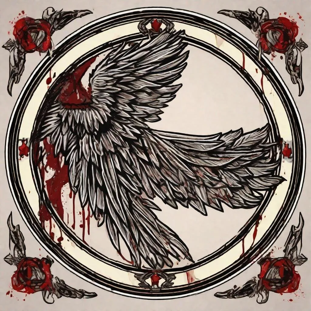 Prompt: draw feathered wing only, icon, blooded, wounded, gothic, tarot card style, roundel, handdrawing, gore art style