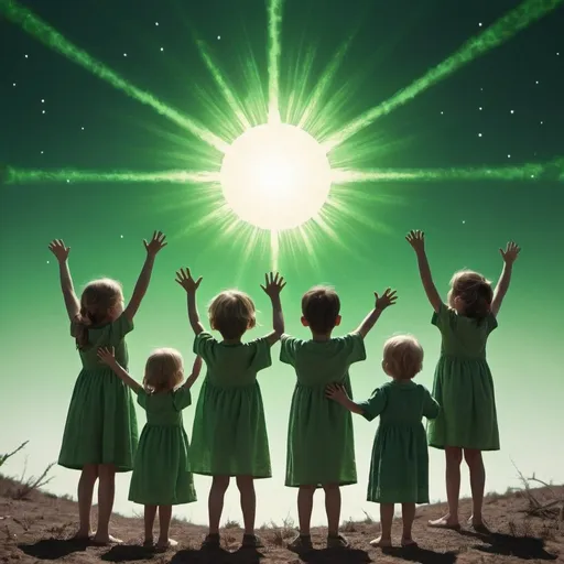 Prompt: Unearthly children praising green sun