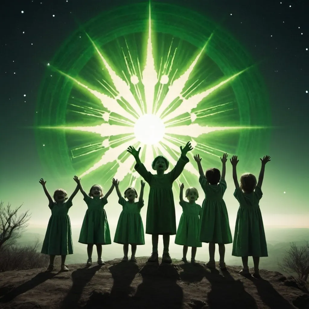 Prompt: Unearthly children praising green sun