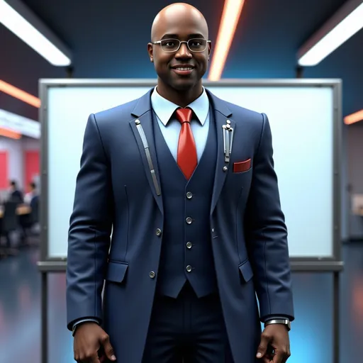 Prompt: A full-body portrait of @yENwYtd9mMvN5CzpK0F7 , depicted as a futuristic soldier with a tall strong athletic build, silver and blue futuristic metallic two piece suit and a white shirt. The suit features two striped lined accents, and a long coat highlighting its stylish design. @yENwYtd9mMvN5CzpK0F7 stands confidently with a slight forward lean, showcasing a determined expression. His dark skin making him look strong. The background features a futuristic whiteboard partially silhouetted against the vibrant hues of an empty offices. The scene is illuminated by soft, ambient light, enhancing the suit's metallic sheen and creating a dynamic atmosphere.
