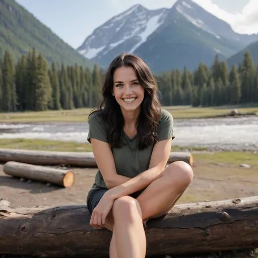 Prompt: A Caucasian woman with dark hair is sitting on a log in front of a mountain.  She is smiling.