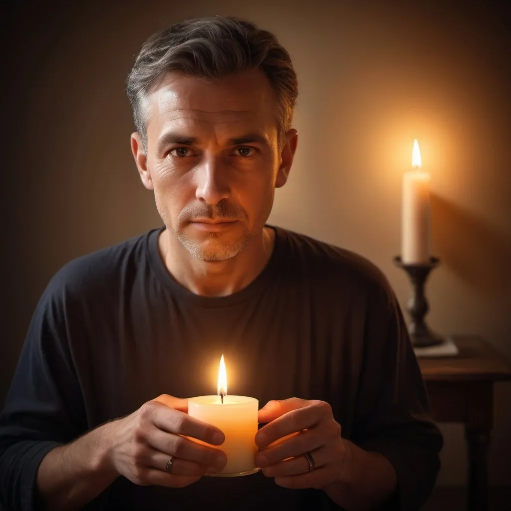 Prompt: a man holding a lit candle in his hands with a sign in the background that says cosmic on it, Bikash Bhattacharjee, samikshavad, cosmic, a stock photo