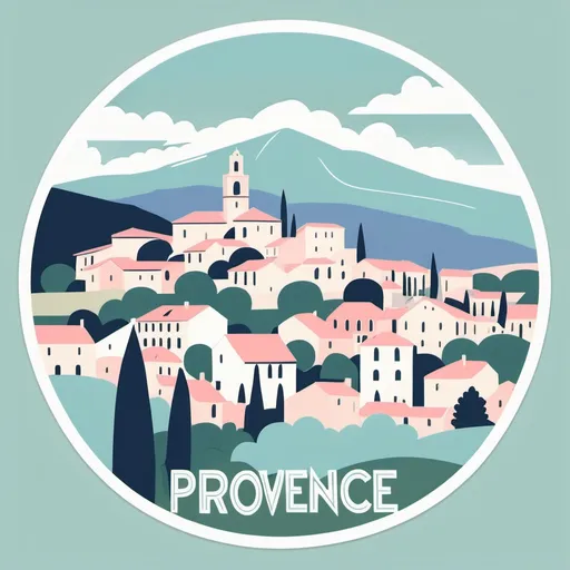 Prompt: Generate a vintage style travel sticker of the Provence region in France.  Show the countryside vista, old french village buildings, and Mount-Saint Victorie. Use pastel colours aqua, sage, navy, white and pink. Minimal detail, mainly outlines.