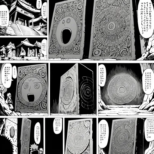 Prompt: A vertical black-and-white manga page with 5 panels, traditional manga art style. The scene takes place inside an ancient stone temple with mysterious carvings glowing faintly. In the first panel, Madara Uchiha is showing a giant engraved stone tablet to young Naruto Uzumaki. The second panel is a close-up of the tablet, showing drawings of the Sharingan and Rinnegan, glowing faintly with mystic symbols. The third panel shows Madara explaining their powers with serious expression and hand gestures, while Naruto listens, curious and alert. The fourth panel shows Naruto in shock and awe, imagining himself with those eyes. The final panel shows Madara looking at Naruto with a thoughtful, slightly scheming look, as if planning something. Strong shading, deep shadows, and detailed backgrounds in classic manga style.

