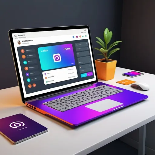 Prompt: Generic laptop interface with CRM for Instagram POS, modern digital rendering, high quality, professional, futuristic tech style, vibrant colors, detailed UI elements, realistic shadows, sleek design, user-friendly layout, professional workspace, modern CRM, Instagram POS, digital rendering, high quality, futuristic tech style, vibrant colors, detailed UI elements, realistic shadows, sleek design, user-friendly layout, professional workspace