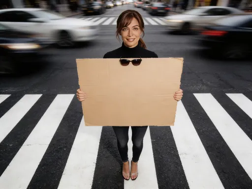 Prompt: @S5OF4geXeW7aOgK0PSLF high-angle, full-body shot captures Annika is standing on a black asphalt street marked with white, thick, parallel lines of a pedestrian crosswalk. grainy street photography style image of skinny person from first image with black turtleneck ,skinny jeans, transparent heels standing in front blurry rush hour behind, holding a large handmade cardboard sign covering most of their body. The sign is blank without text.
She wears small sunglasses, slightly visible above the sign. High contrast, raw aesthetic, documentary style, analog film look, strong grain texture, imperfect lighting, emotional and motivational vibe, minimal composition, centered framing.