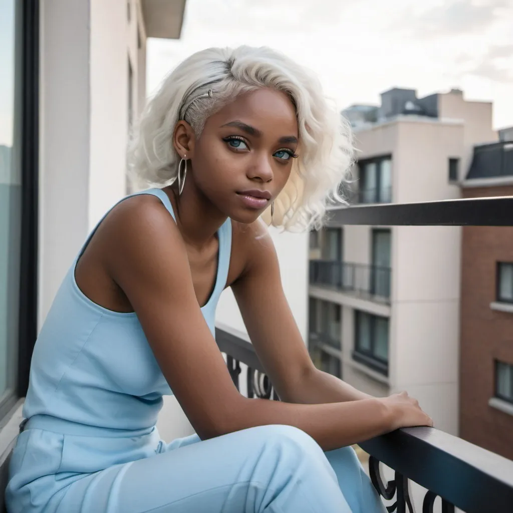 Prompt: A black girl with sky blue eyes and platinum blonde hair sitting on the balcony of a penthouse 