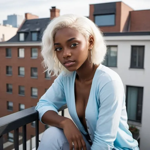 Prompt: A black girl with sky blue eyes and platinum blonde hair sitting on the balcony of a penthouse 