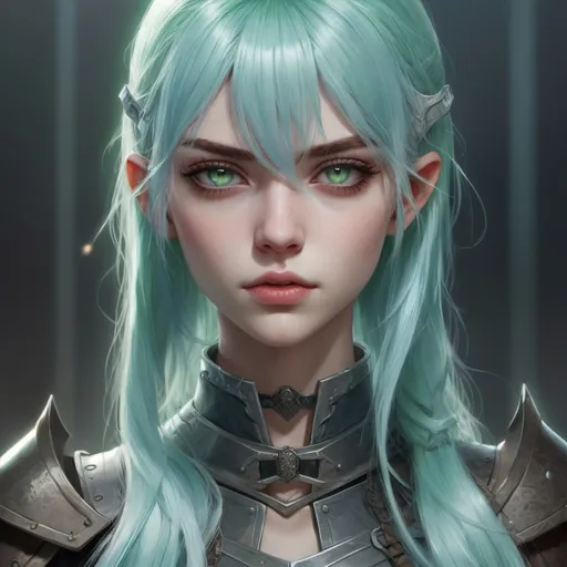 Prompt: photorealistic, Very detailed, 4k resolution, Grimes, Elden Ring, fantasy, cyberpunk, technology, medieval, futurism, original character design, anime, a beautiful young girl, green eyes, beautiful pupils and lips, she has reddish skin, long light blue hair with bangs, slender, light armor, broadsword, confident expression, two-thirds of the body, very discreet background, dnd character portrait, cinematic, fierce, devious, dangerous, bad girl, commander