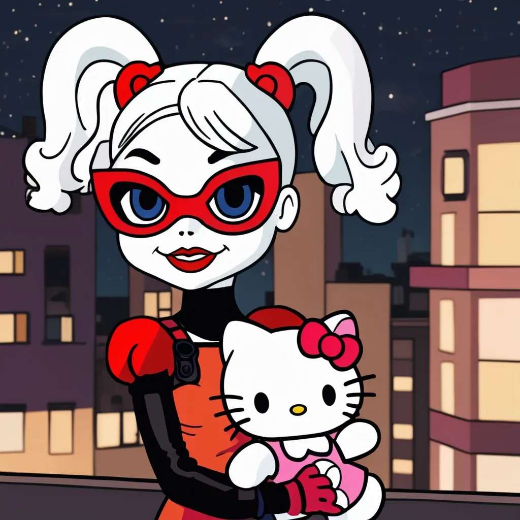 Prompt: Harley Quinn holding Hello Kitty plushie at night