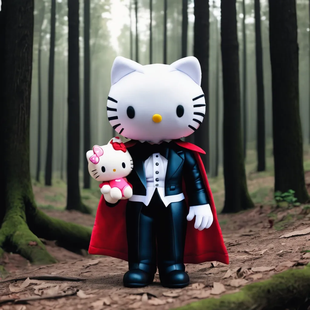 Prompt: Dracula holding Hello Kitty plushie in forest