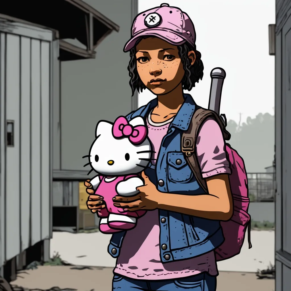 Prompt: Clementine from The Walking Dead game series holding Hello Kitty