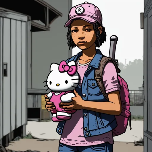 Prompt: Clementine from The Walking Dead game series holding Hello Kitty