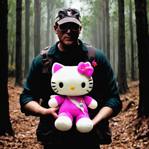 Prompt: Jason Vorhees holding Hello Kitty plushie in forest