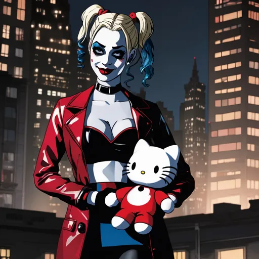 Prompt: Harley Quinn holding Hello Kitty plushie at night in gotham city