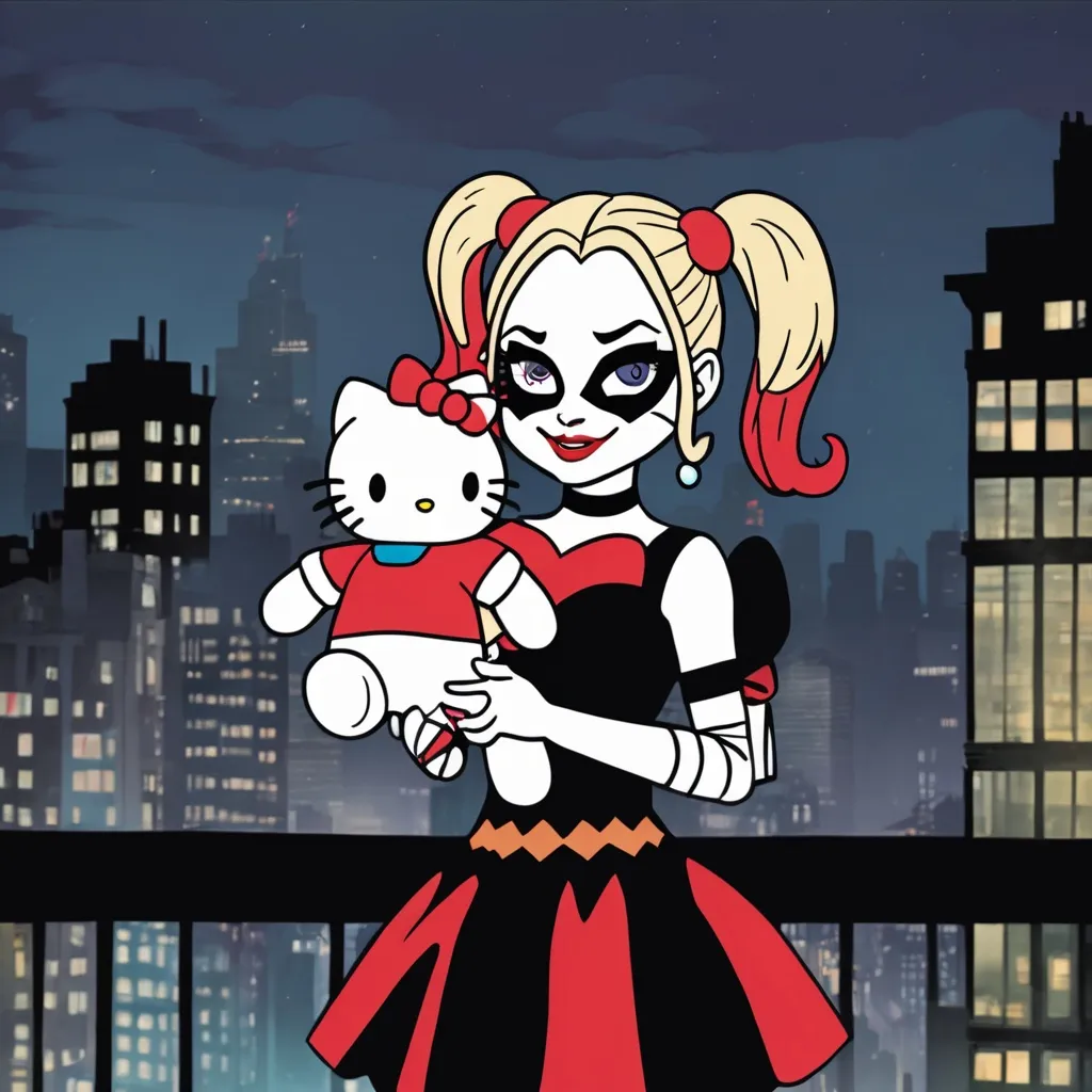 Prompt: Harley Quinn holding Hello Kitty plushie at night in gotham city