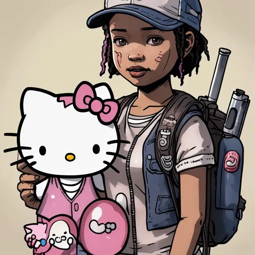 Prompt: Clementine from The Walking Dead game series holding Hello Kitty