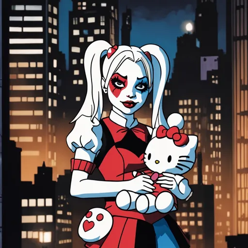 Prompt: Harley Quinn holding Hello Kitty plushie at night in gotham city