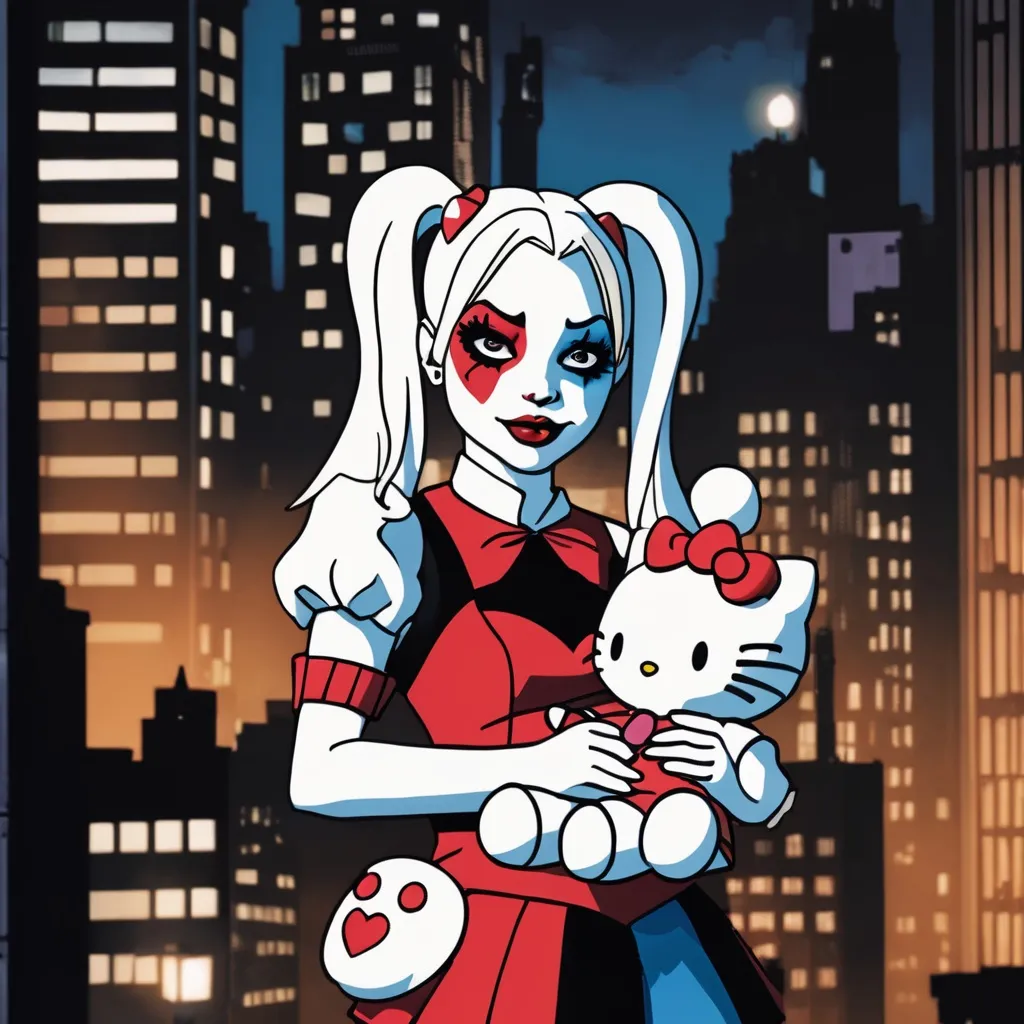 Prompt: Harley Quinn holding Hello Kitty plushie at night in gotham city