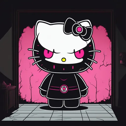 Prompt: Scary demon Hello Kitty in dark room