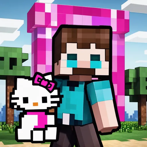 Prompt: Minecraft Steve holding a Hello Kitty plushie