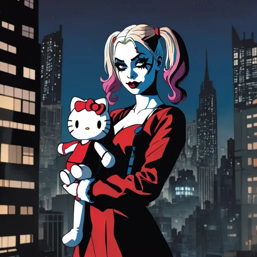 Prompt: Harley Quinn holding Hello Kitty plushie at night in gotham city