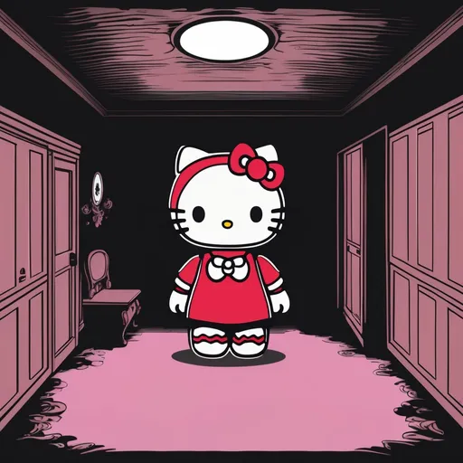 Prompt: Scary demon Hello Kitty in dark room