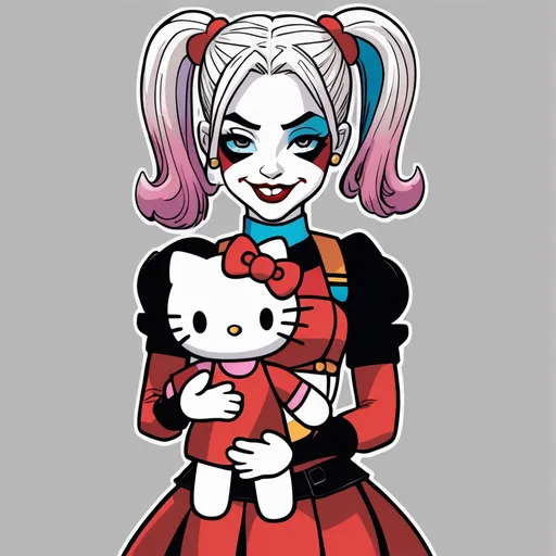 Prompt: Harley Quinn holding a Hello Kitty plushie