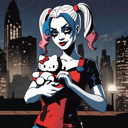 Prompt: Harley Quinn holding Hello Kitty plushie at night in gotham city