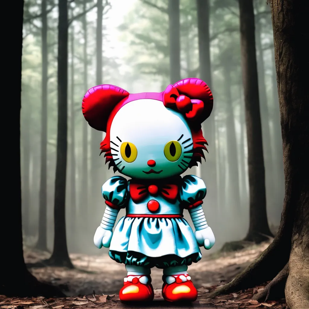 Prompt: Pennywise holding Hello Kitty plushie in forest