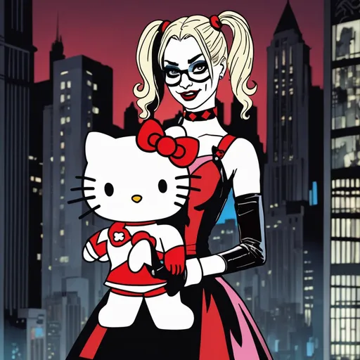 Prompt: Harley Quinn holding Hello Kitty plushie at night in gotham city