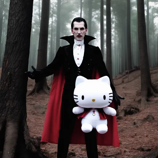 Prompt: Dracula holding Hello Kitty plushie in forest