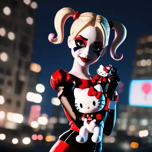 Prompt: Harley Quinn holding Hello Kitty plushie at night