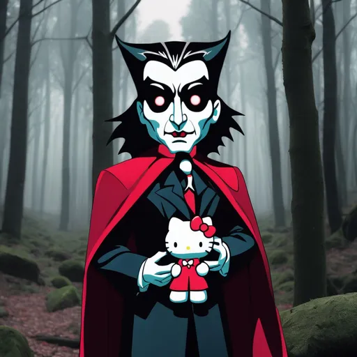 Prompt: Dracula holding Hello Kitty plushie in forest