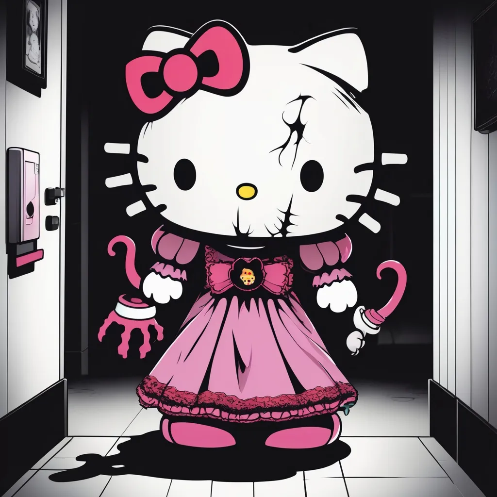 Prompt: Scary demon Hello Kitty in dark room