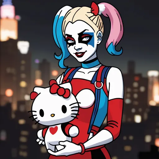 Prompt: Harley Quinn holding Hello Kitty plushie at night