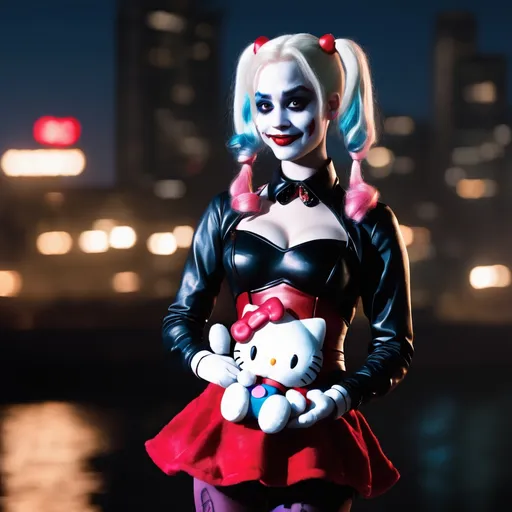 Prompt: Harley Quinn holding Hello Kitty plushie at night